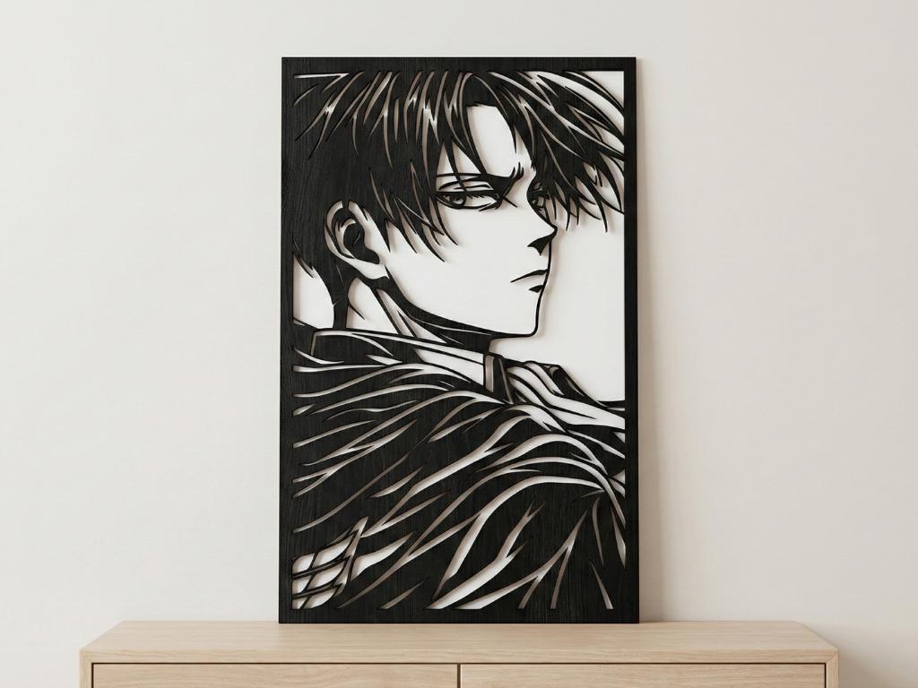 Laser Cut Anime Wall Art Decor – Levi Ackerman | Flow-Line Art Black Frame | SVG AI DXF dwg Files