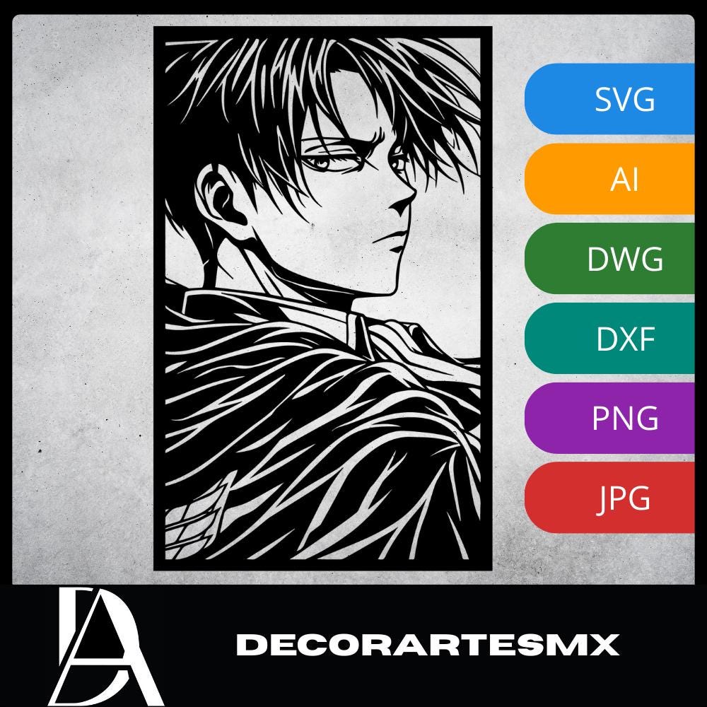 Laser Cut Anime Wall Art Decor – Levi Ackerman | Flow-Line Art Black Frame | SVG AI DXF dwg Files