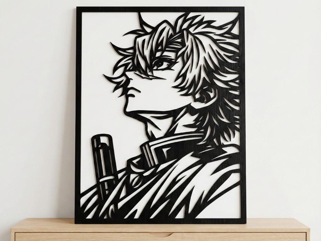 Laser Cut Anime Wall Art Decor – Sanemi Shinazugawa | Flow-Line Art Black Frame | SVG AI DXF dwg Files