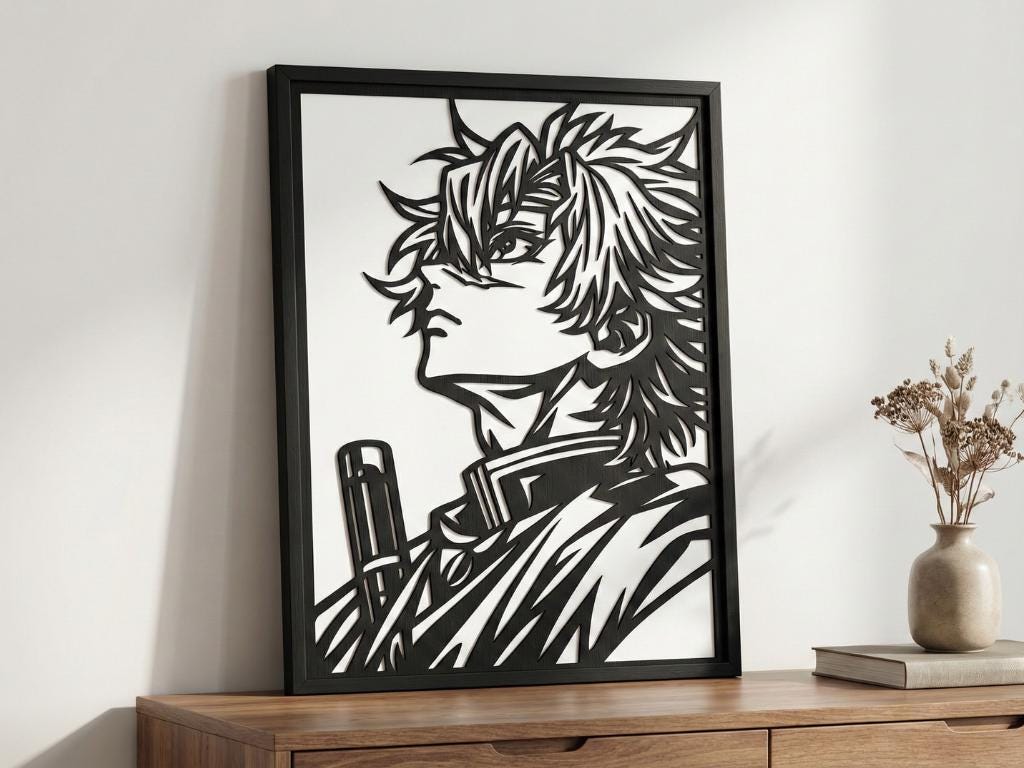 Laser Cut Anime Wall Art Decor – Sanemi Shinazugawa | Flow-Line Art Black Frame | SVG AI DXF dwg Files