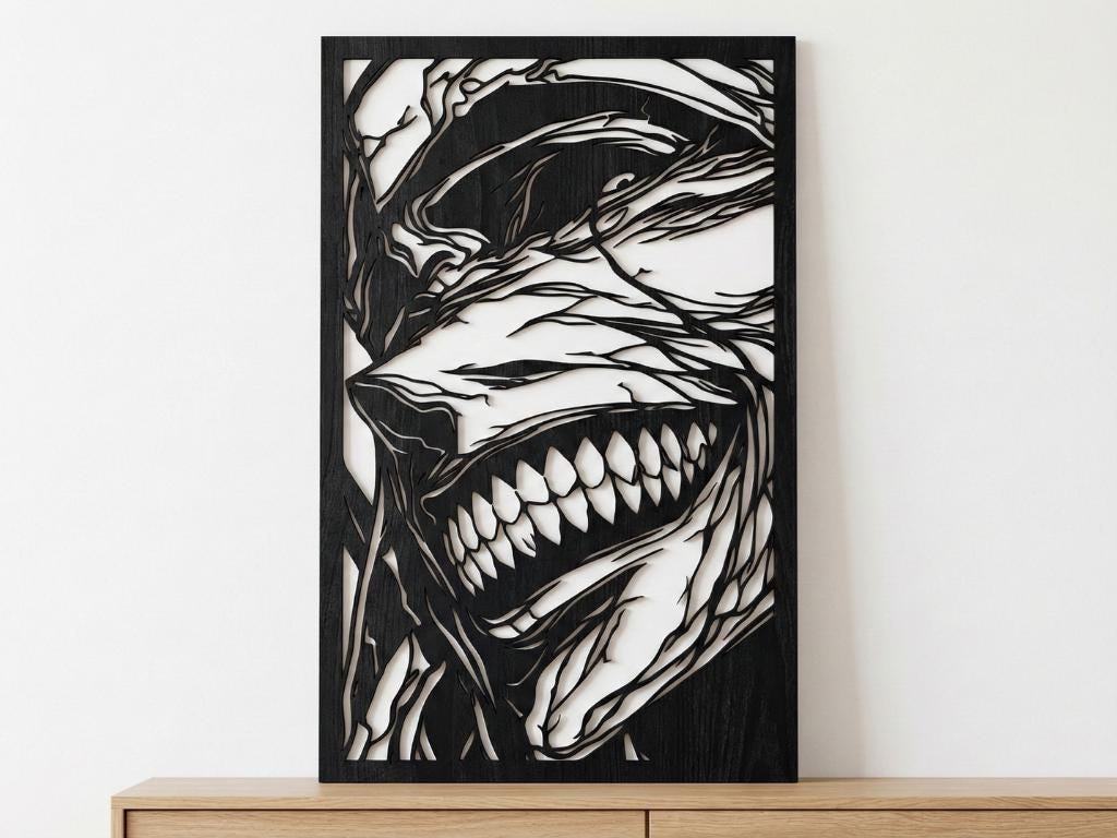 Laser Cut Anime Wall Art Decor – Statue of God | Flow-Line Art Black Frame | SVG AI DXF dwg Files