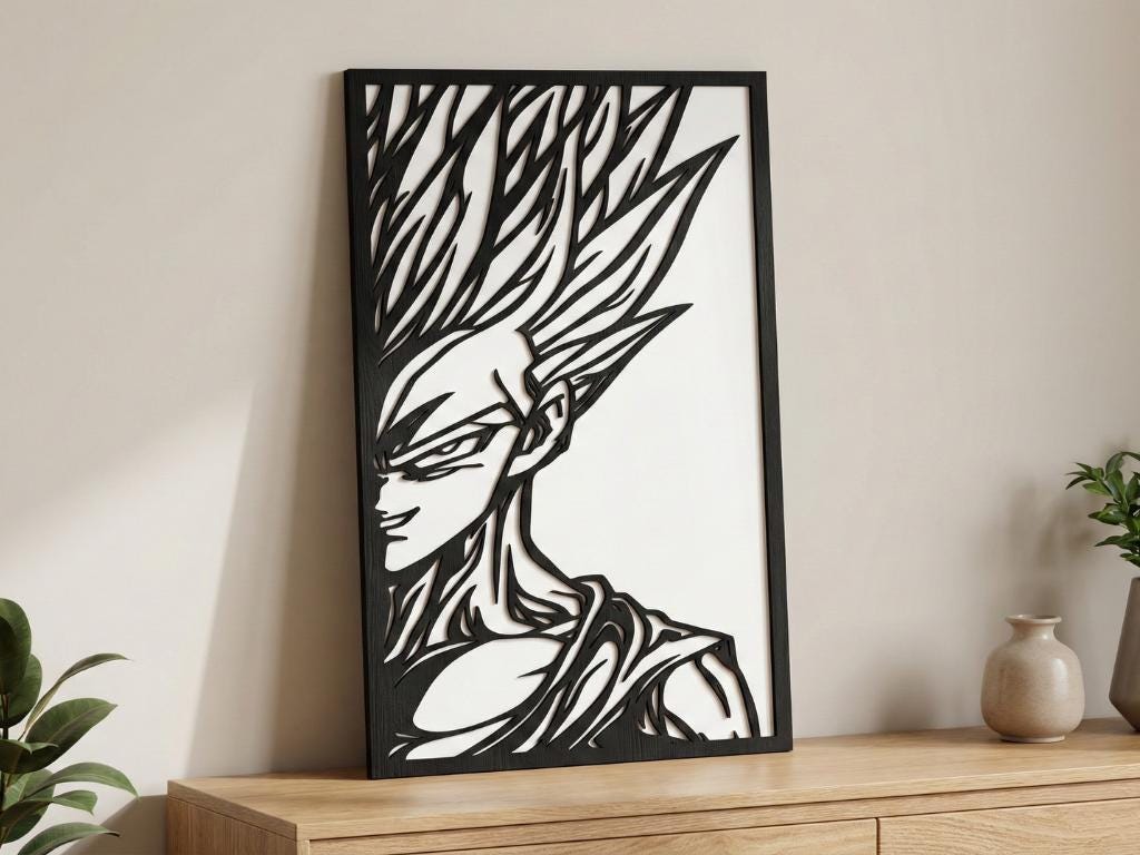 Laser Cut Anime Wall Art Decor – Gohan SSJ2 | Flow-Line Art Black Frame | SVG AI DXF dwg Files
