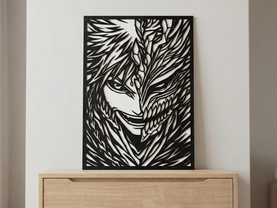 Arte Decorativo de Pared Anime para Corte Láser – Ichigo Kurosaki | Flow-Line Art con Marco Negro | Archivos SVG AI DXF DWG PNG JPG