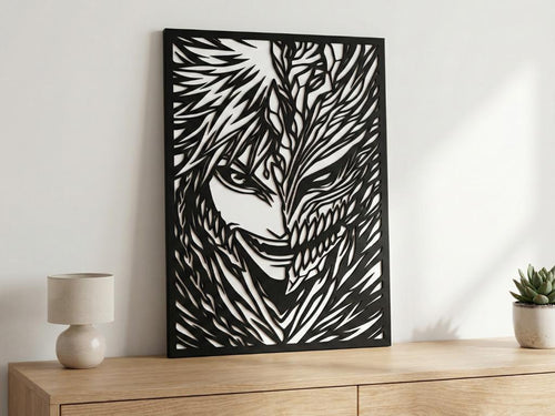 Laser Cut Anime Wall Art Decor – Ichigo Kurosaki | Flow-Line Art Black Frame | SVG AI DXF dwg Files