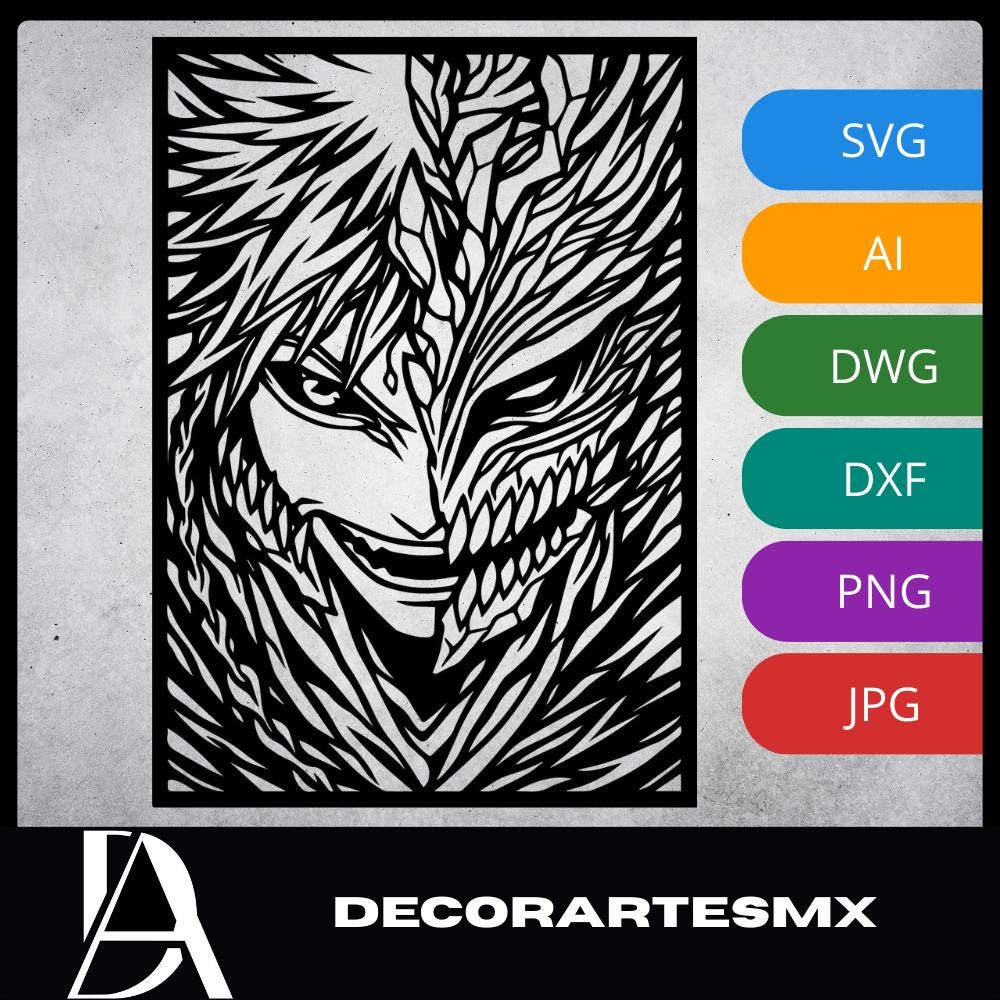 Laser Cut Anime Wall Art Decor – Ichigo Kurosaki | Flow-Line Art Black Frame | SVG AI DXF dwg Files