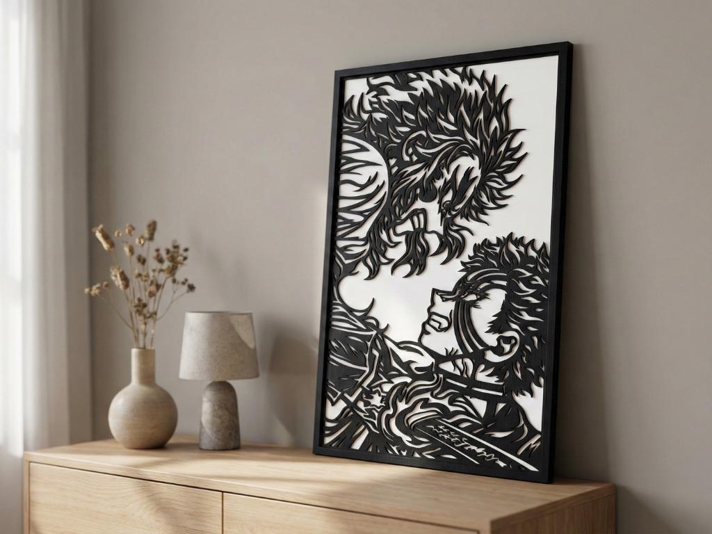 Laser Cut Anime Wall Art Decor – Rengoku vs Akaza | Flow-Line Art Black Frame | SVG AI DXF dwg Files
