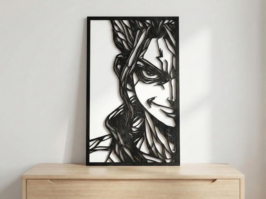 Arte Decorativo de Pared Anime para Corte Láser – Senku Ishigami | Flow-Line Art con Marco Negro | Archivos SVG AI DXF DWG PNG JPG
