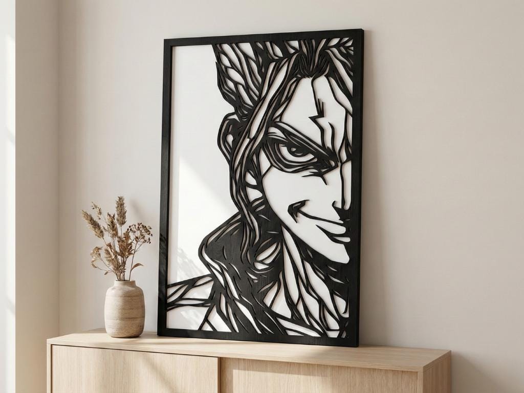 Laser Cut Anime Wall Art Decor – Senku Ishigami | Flow-Line Art Black Frame | SVG AI DXF dwg Files