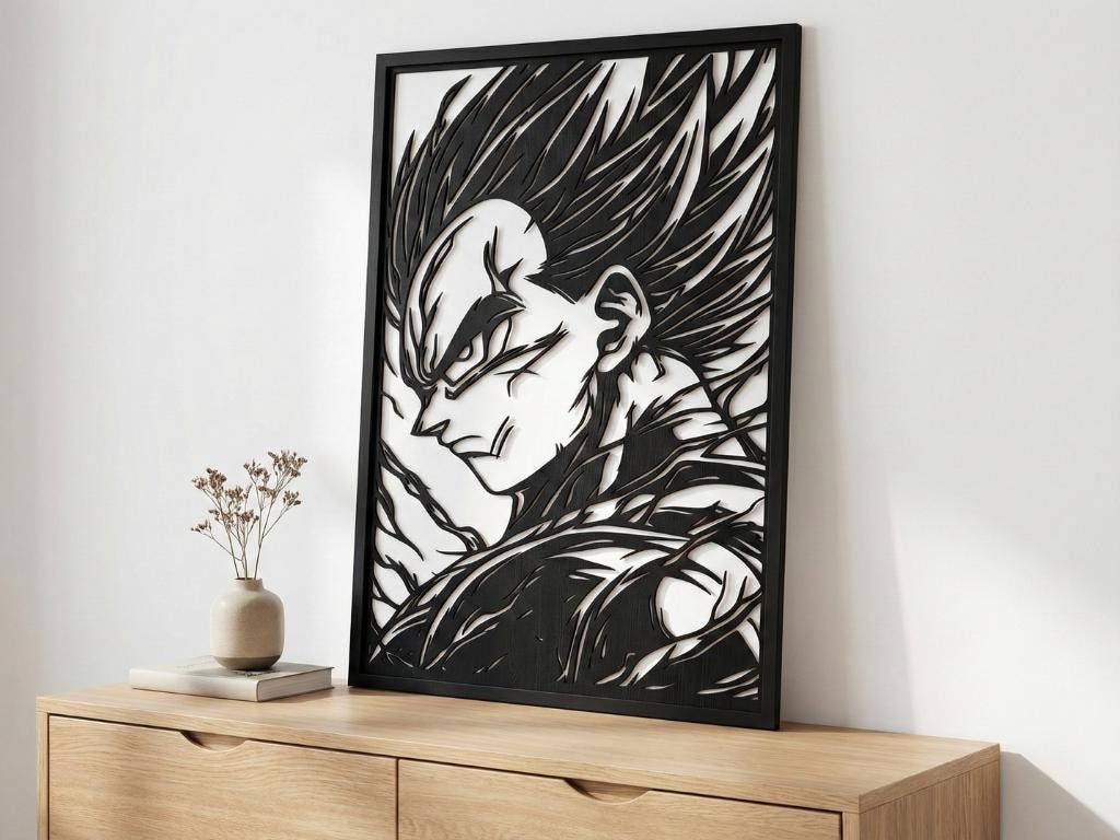 Laser Cut Anime Wall Art Decor – Vegeta | Flow-Line Art Black Frame | SVG AI DXF dwg Files