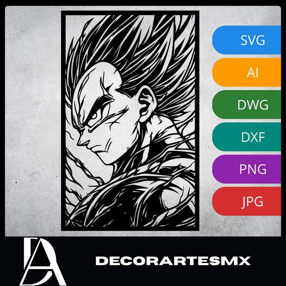 Laser Cut Anime Wall Art Decor – Vegeta | Flow-Line Art Black Frame | SVG AI DXF dwg Files