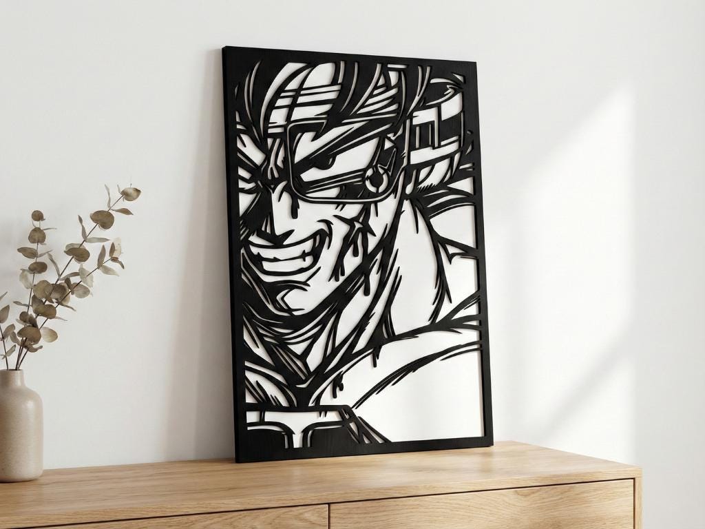 Laser Cut Anime Wall Art Decor – Bardock | Flow-Line Art Black Frame | SVG AI DXF dwg Files