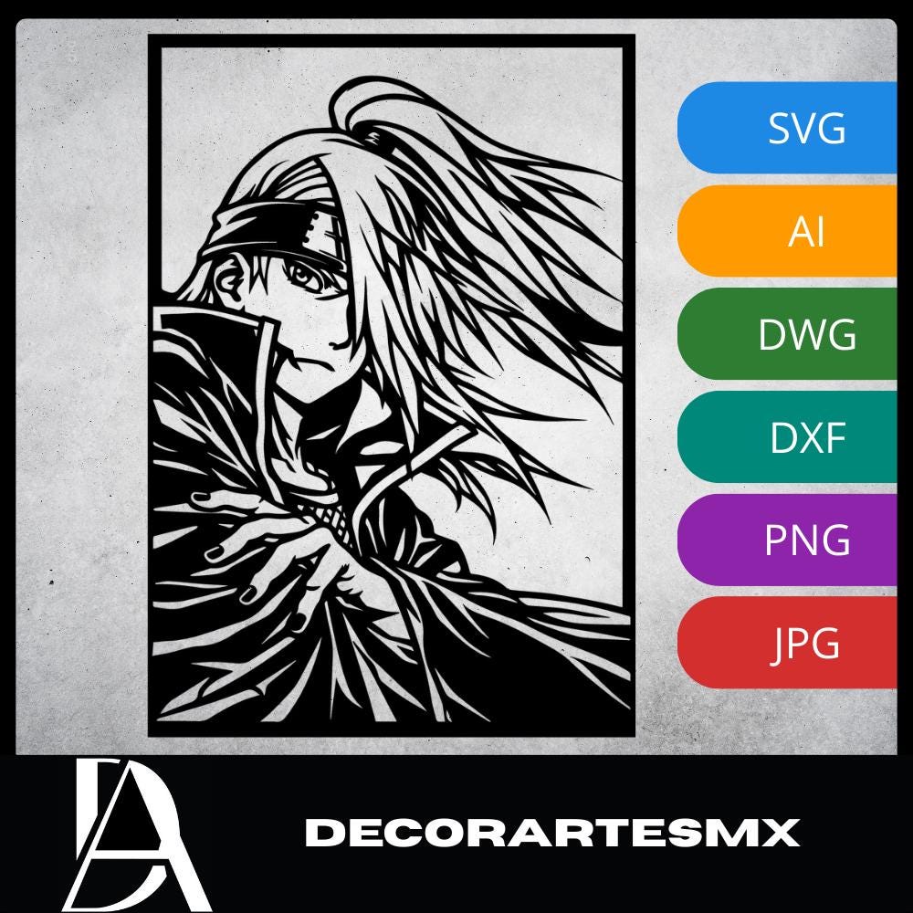 Laser Cut Anime Wall Art Decor – Deidara | Flow-Line Art Black Frame | SVG AI DXF dwg Files