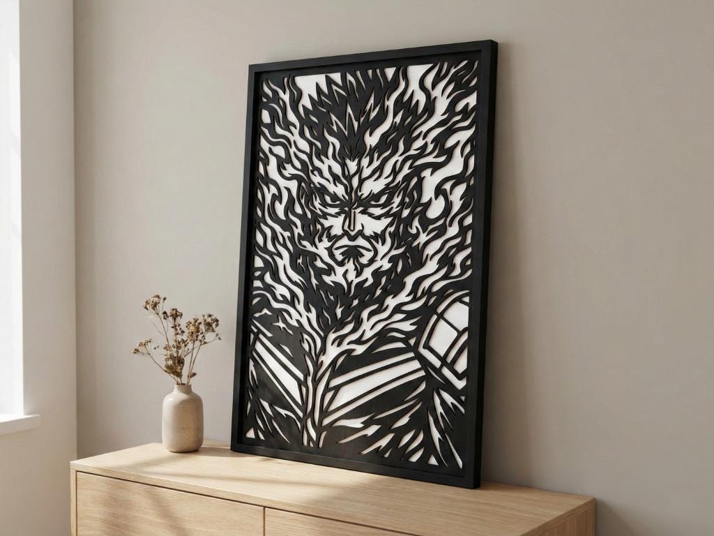 Laser Cut Anime Wall Art Decor – Endeavor | Flow-Line Art Black Frame | SVG AI DXF dwg Files