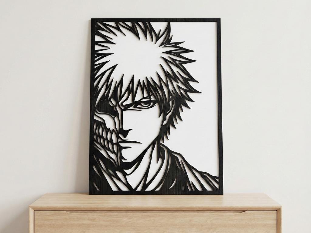 Laser Cut Anime Wall Art Decor – Ichigo Kurosaki 2 | Flow-Line Art Black Frame | SVG AI DXF dwg Files