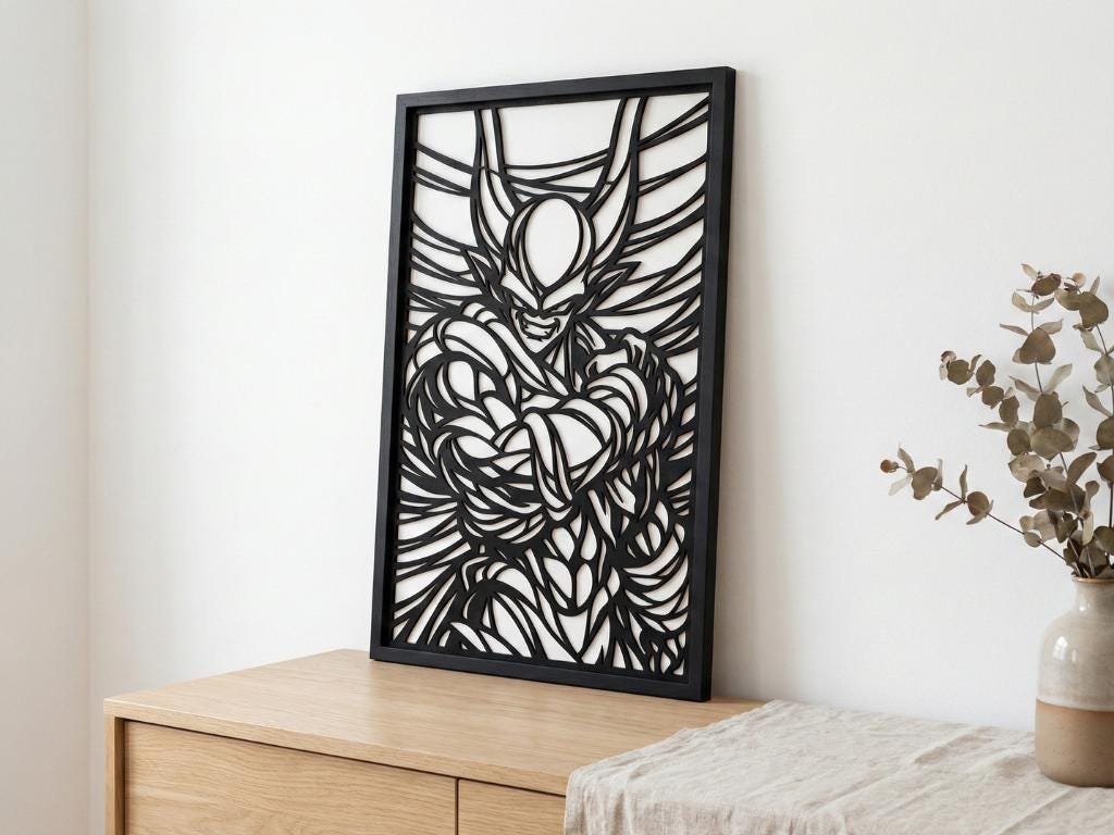 Laser Cut Anime Wall Art Decor – Janemba | Flow-Line Art Black Frame | SVG AI DXF dwg Files