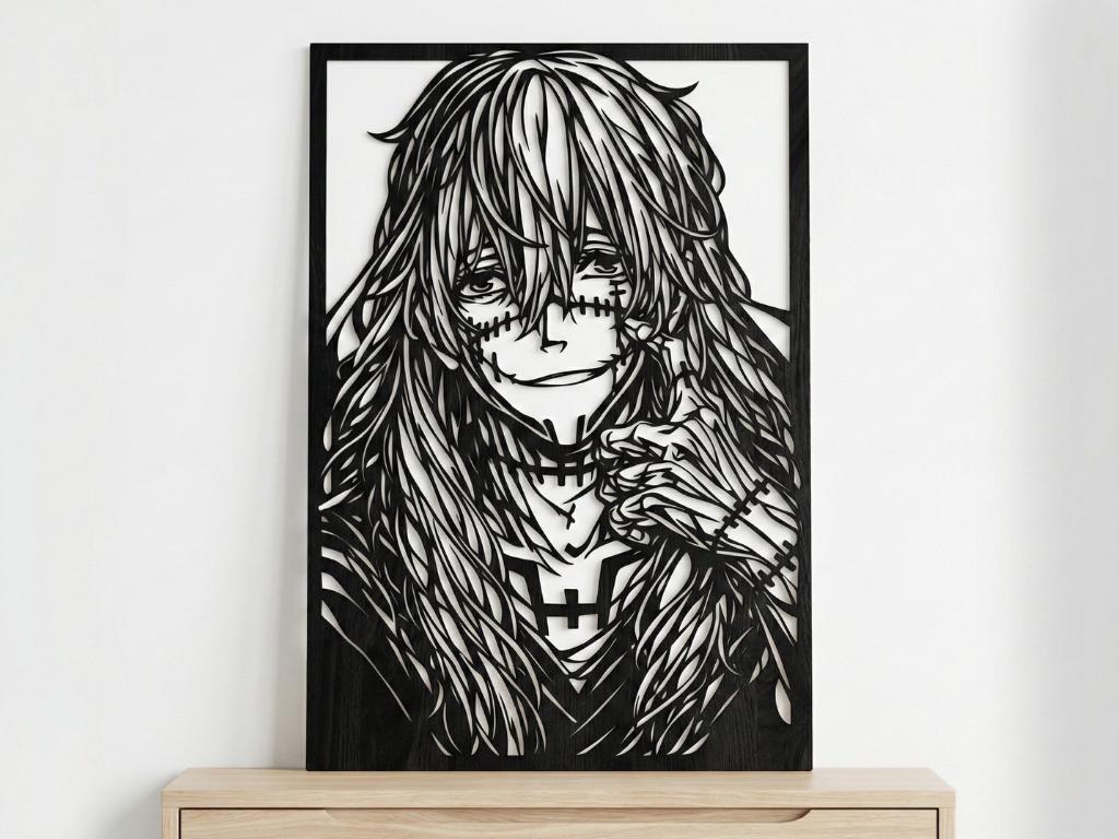 Laser Cut Anime Wall Art Decor – Mahito | Flow-Line Art Black Frame | SVG AI DXF dwg Files