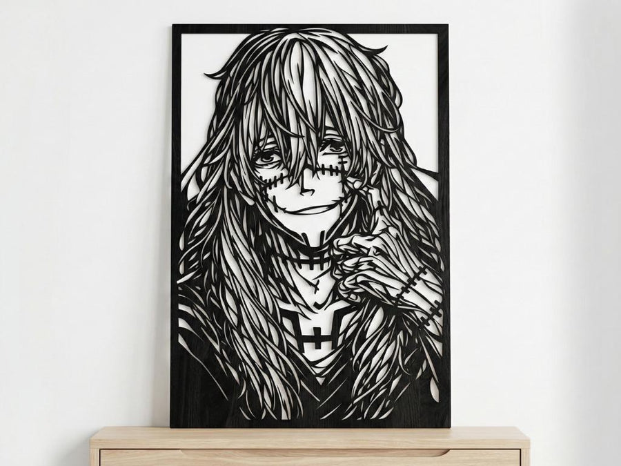 Arte Decorativo de Pared Anime para Corte Láser – Mahito | Flow-Line Art con Marco Negro | Archivos SVG AI DXF DWG PNG JPG
