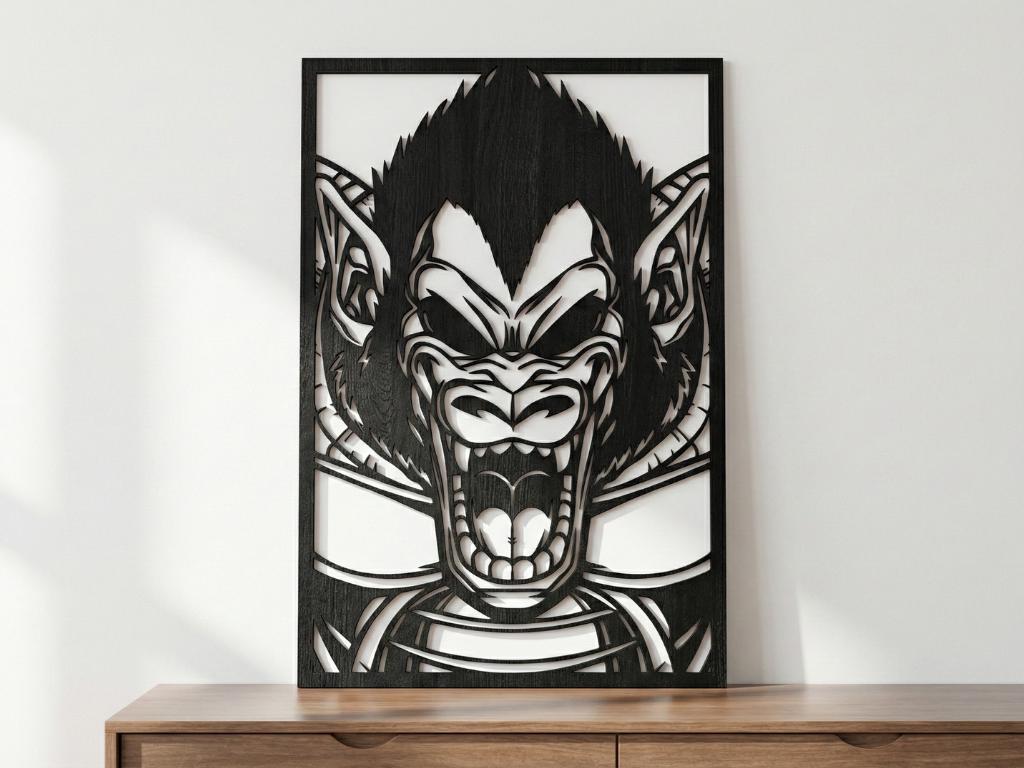 Laser Cut Anime Wall Art Decor – Ozaru | Flow-Line Art Black Frame | SVG AI DXF dwg Files