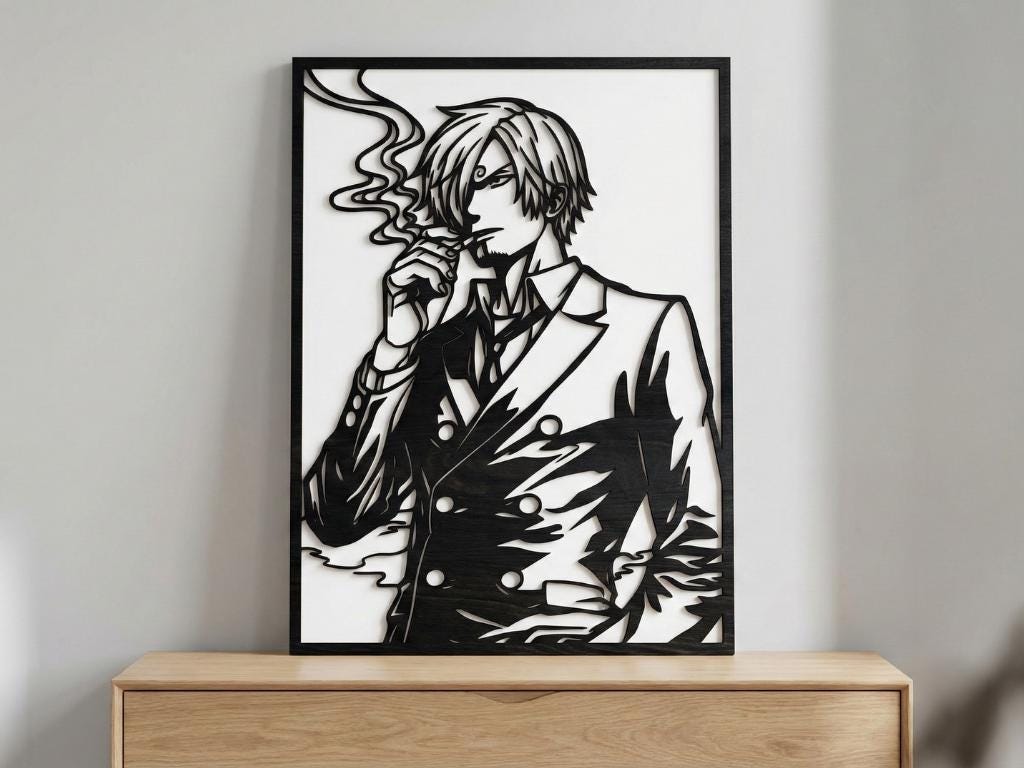 Laser Cut Anime Wall Art Decor – Sanji | Flow-Line Art Black Frame | SVG AI DXF dwg Files