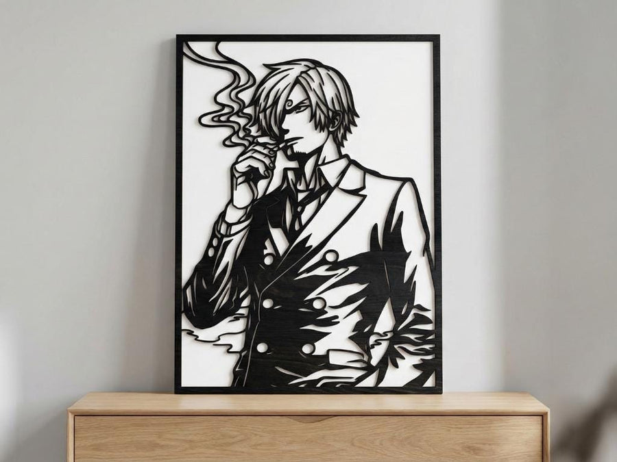 Arte Decorativo de Pared Anime para Corte Láser – Sanji | Flow-Line Art con Marco Negro | Archivos SVG AI DXF DWG PNG JPG