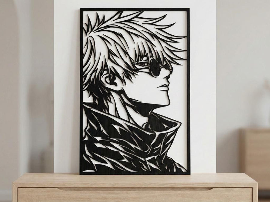 Arte Decorativo de Pared Anime para Corte Láser – Satoru Gojo | Flow-Line Art con Marco Negro | Archivos SVG AI DXF DWG PNG JPG