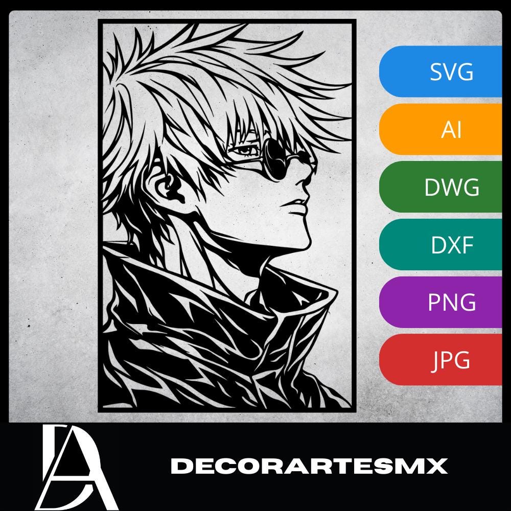 Laser Cut Anime Wall Art Decor – Satoru Gojo | Flow-Line Art Black Frame | SVG AI DXF dwg Files