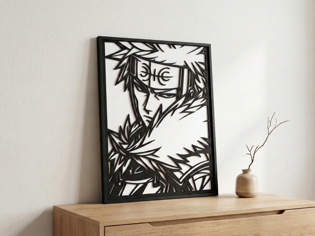 Laser Cut Anime Wall Art Decor – Tobirama Senju | Flow-Line Art Black Frame | SVG AI DXF dwg Files