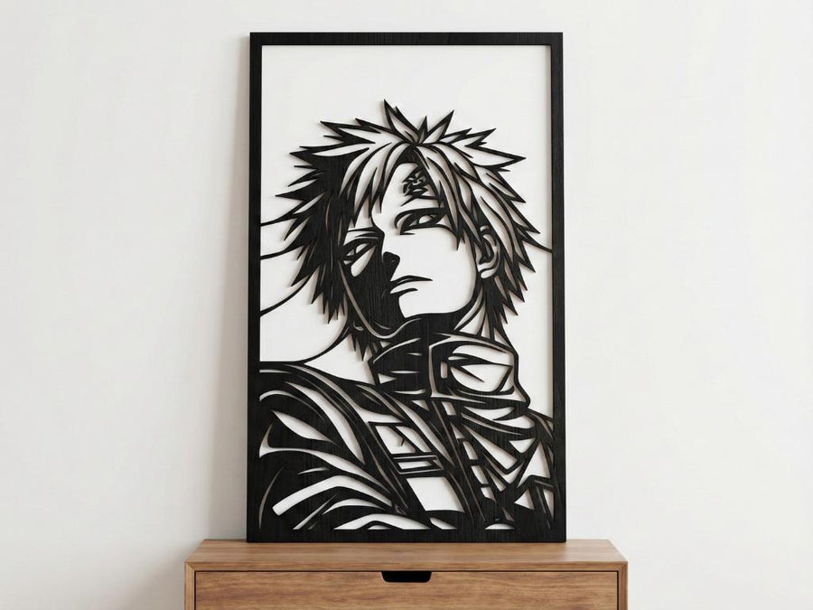 Arte Decorativo de Pared Anime para Corte Láser – Gaara 2 | Flow-Line Art con Marco Negro | Archivos SVG AI DXF DWG PNG JPG
