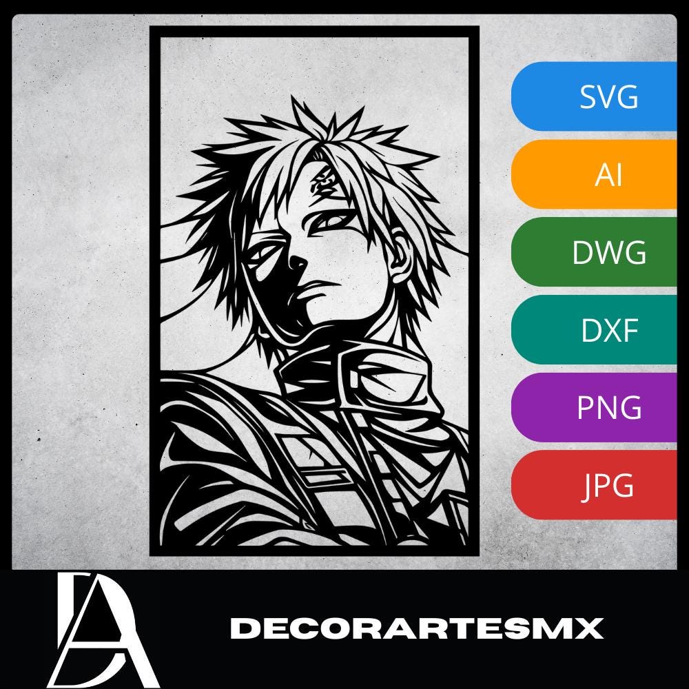Laser Cut Anime Wall Art Decor – Gaara 2 | Flow-Line Art Black Frame | SVG AI DXF dwg Files