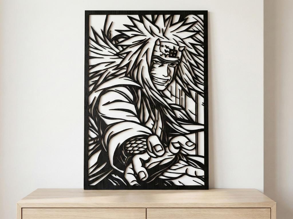 Laser Cut Anime Wall Art Decor – Jiraya | Flow-Line Art Black Frame | SVG AI DXF dwg Files