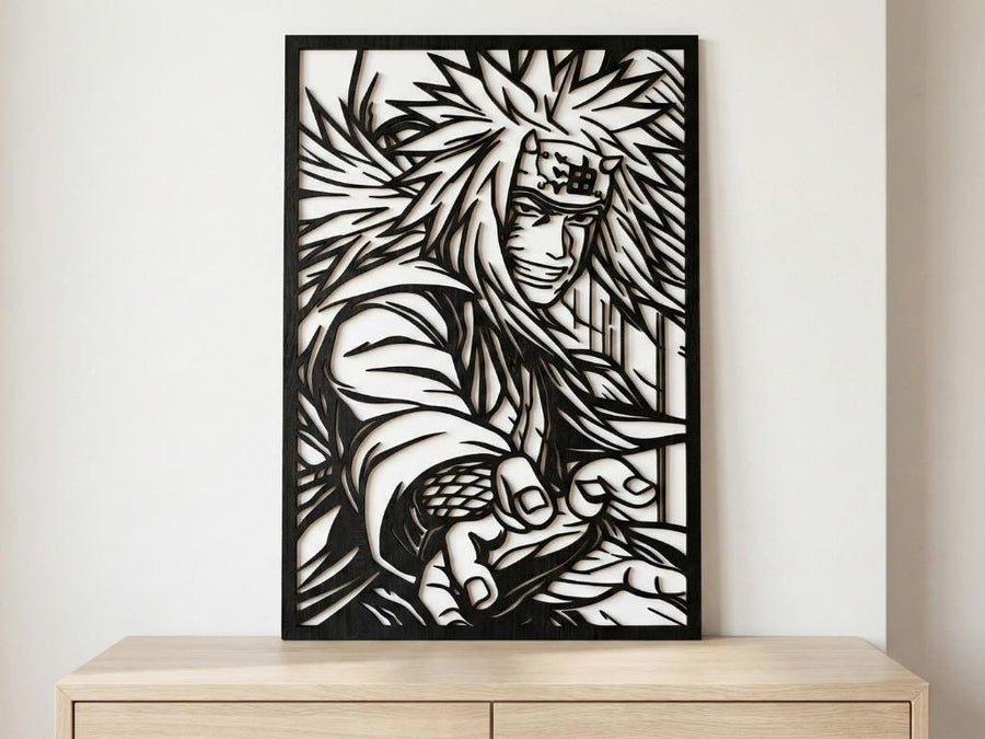 Arte Decorativo de Pared Anime para Corte Láser – Jiraya | Flow-Line Art con Marco Negro | Archivos SVG AI DXF DWG PNG JPG