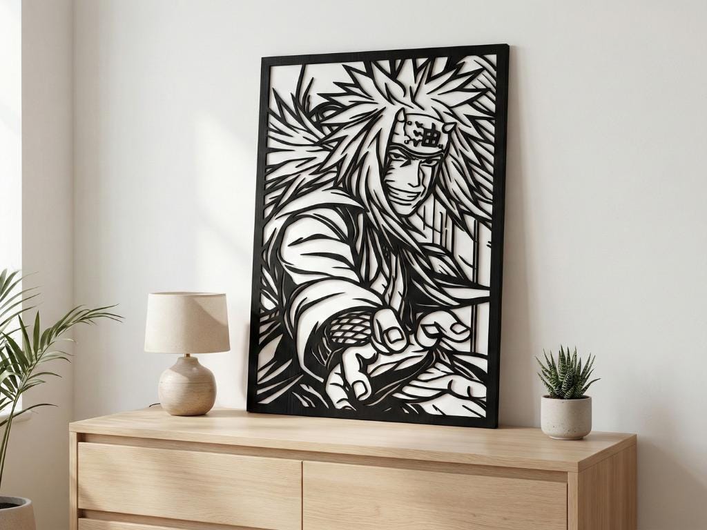 Laser Cut Anime Wall Art Decor – Jiraya | Flow-Line Art Black Frame | SVG AI DXF dwg Files