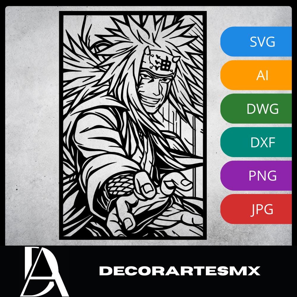 Laser Cut Anime Wall Art Decor – Jiraya | Flow-Line Art Black Frame | SVG AI DXF dwg Files