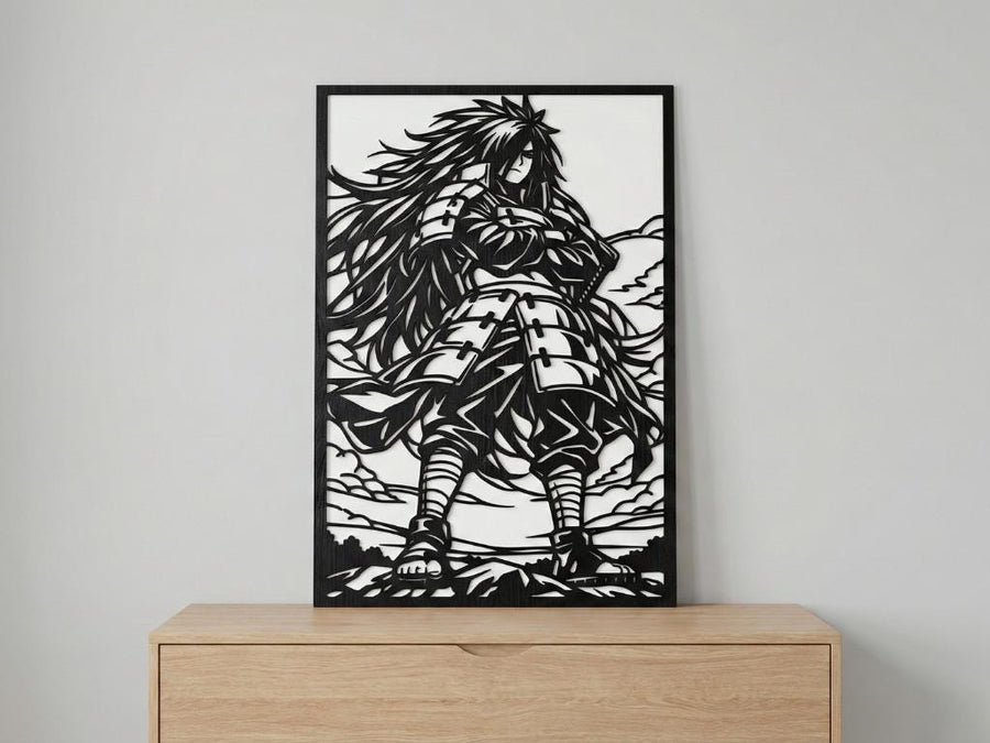 Arte Decorativo de Pared Anime para Corte Láser – Madara Uchiha | Flow-Line Art con Marco Negro | Archivos SVG AI DXF DWG PNG JPG