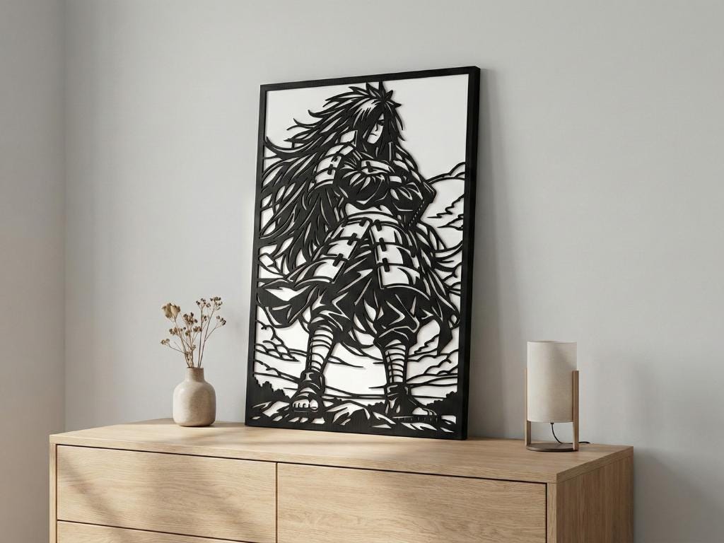 Laser Cut Anime Wall Art Decor – Madara Uchiha | Flow-Line Art Black Frame | SVG AI DXF dwg Files