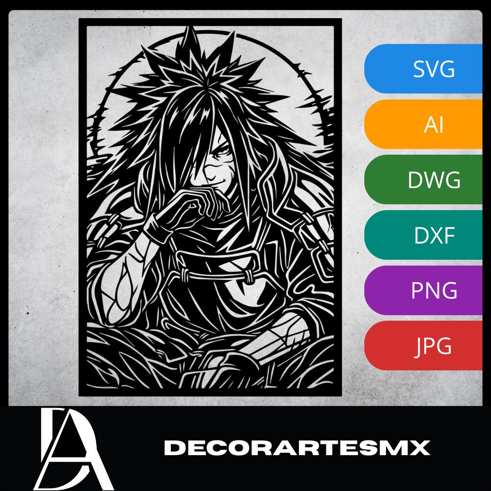 Laser Cut Anime Wall Art Decor – Madara Uchiha 2 | Flow-Line Art Black Frame | SVG AI DXF dwg Files