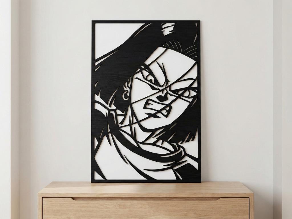 Laser Cut Anime Wall Art Decor – Android 17 | Flow-Line Art Black Frame | SVG AI DXF dwg Files
