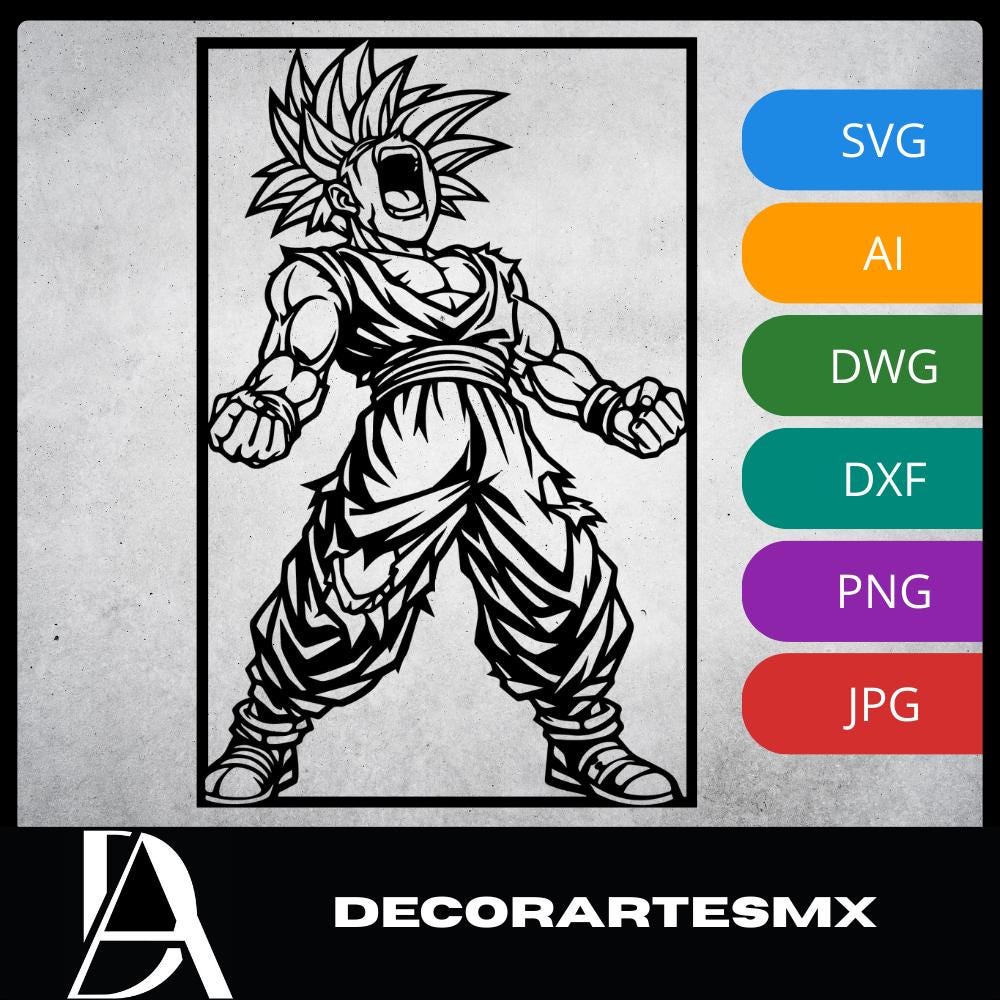 Laser Cut Anime Wall Art Decor – Gohan SSJ1 | Flow-Line Art Black Frame | SVG AI DXF dwg Files
