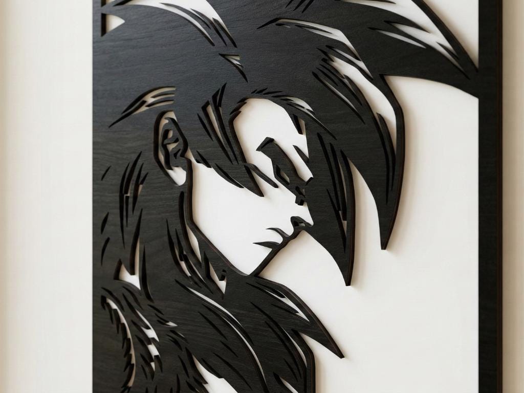Laser Cut Anime Wall Art Decor – Goku SSJ4 | Flow-Line Art Black Frame | SVG AI DXF dwg Files