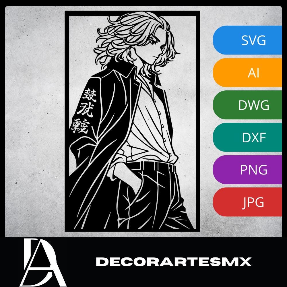 Laser Cut Anime Wall Art Decor – Manjiro Sano | Flow-Line Art Black Frame | SVG AI DXF dwg Files