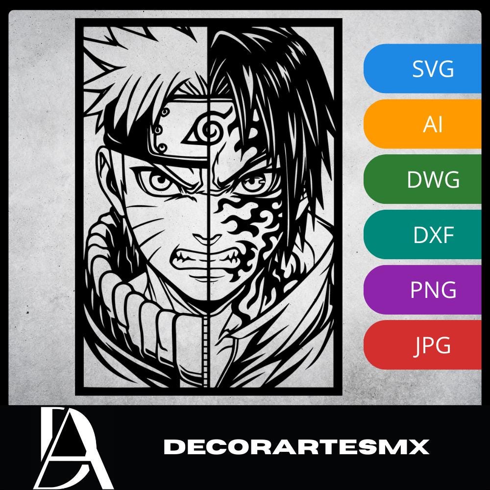 Laser Cut Anime Wall Art Decor – Naruto and Sasuke 2 | Flow-Line Art Black Frame | SVG AI DXF dwg Files