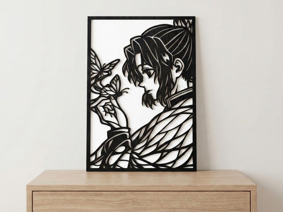 Arte Decorativo de Pared Anime para Corte Láser – Shinobu Kocho 2 | Flow-Line Art con Marco Negro | Archivos SVG AI DXF DWG PNG JPG