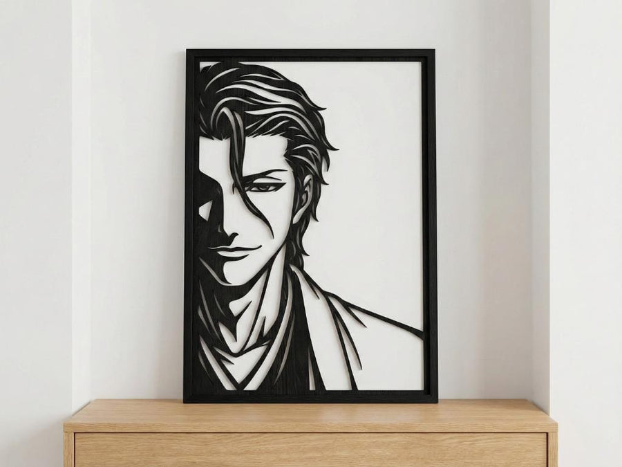 Arte Decorativo de Pared Anime para Corte Láser – Sosuke Aizen | Flow-Line Art con Marco Negro | Archivos SVG AI DXF DWG PNG JPG