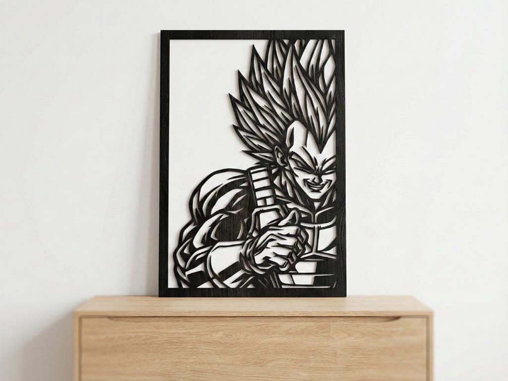 Laser Cut Anime Wall Art Decor – Super Vegeta | Flow-Line Art Black Frame | SVG AI DXF dwg Files