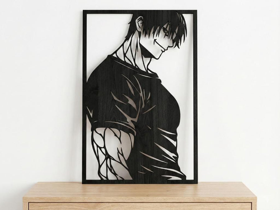 Arte Decorativo de Pared Anime para Corte Láser – Toji Fushiguro | Flow-Line Art con Marco Negro | Archivos SVG AI DXF DWG PNG JPG