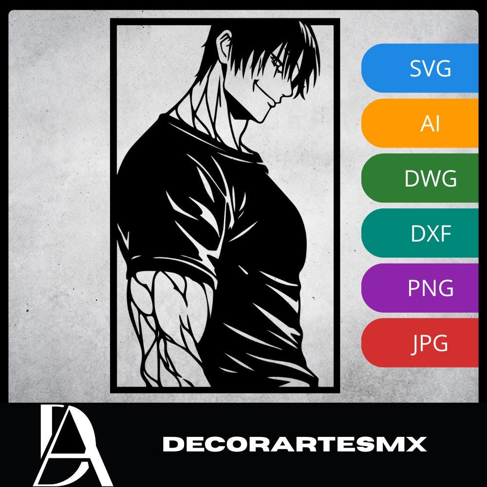 Laser Cut Anime Wall Art Decor – Toji Fushiguro | Flow-Line Art Black Frame | SVG AI DXF dwg Files