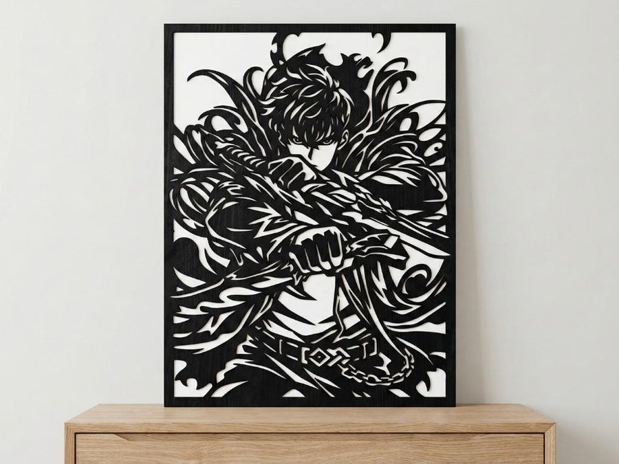 Arte Decorativo de Pared Anime para Corte Láser – Sung Jin Woo 2 | Flow-Line Art con Marco Negro | Archivos SVG AI DXF DWG PNG JPG