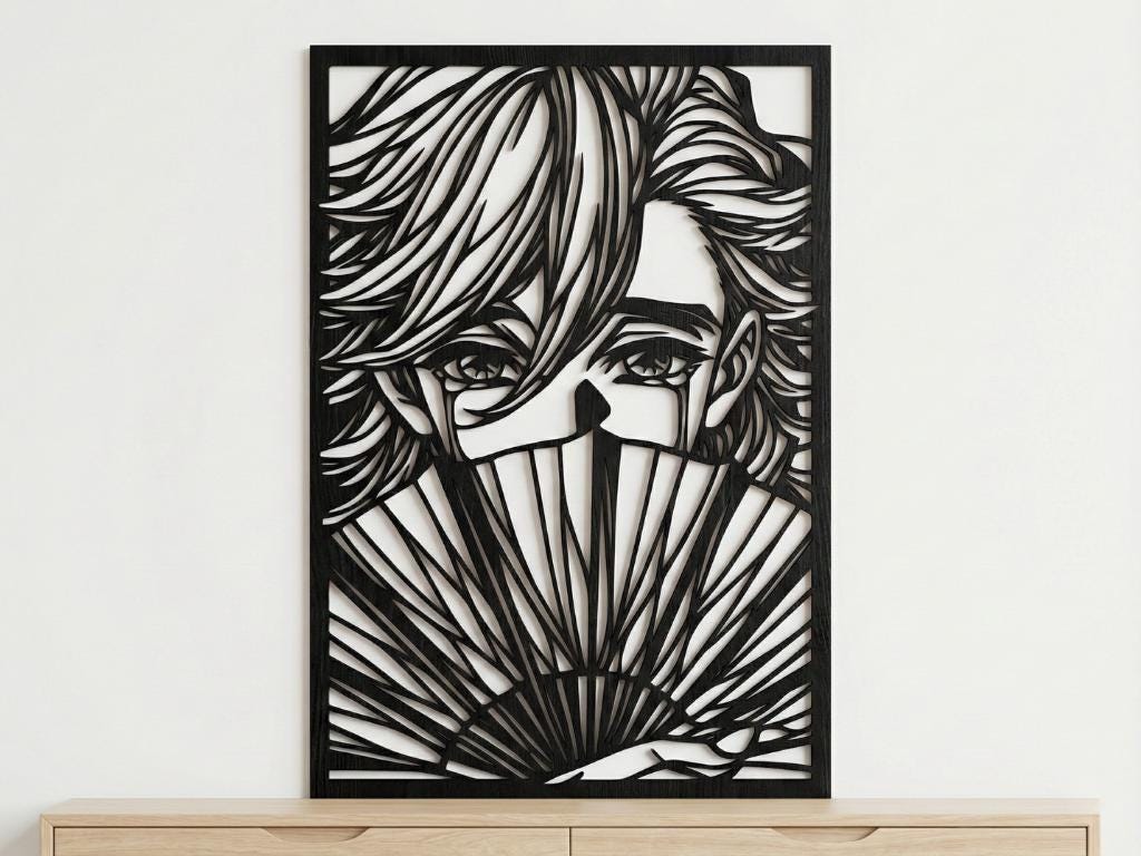 Laser Cut Anime Wall Art Decor – Doma | Flow-Line Art Black Frame | SVG AI DXF dwg Files