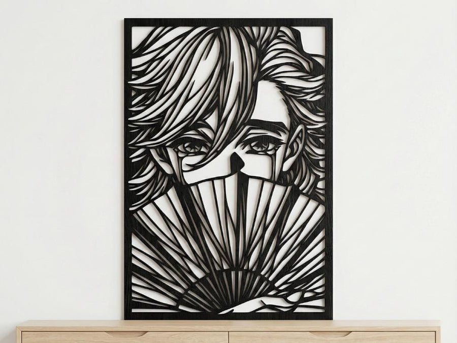 Arte Decorativo de Pared Anime para Corte Láser – Doma | Flow-Line Art con Marco Negro | Archivos SVG AI DXF DWG PNG JPG