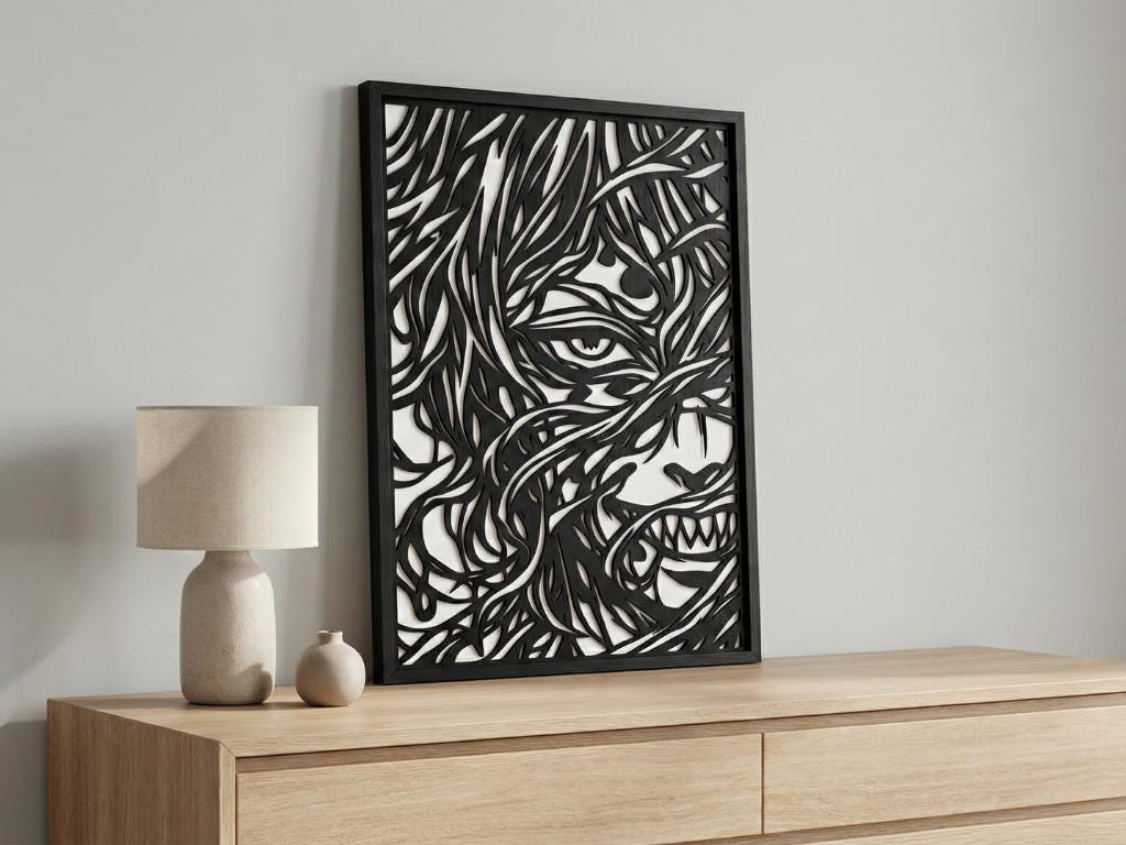 Laser Cut Anime Wall Art Decor – Gyutaro | Flow-Line Art Black Frame | SVG AI DXF dwg Files